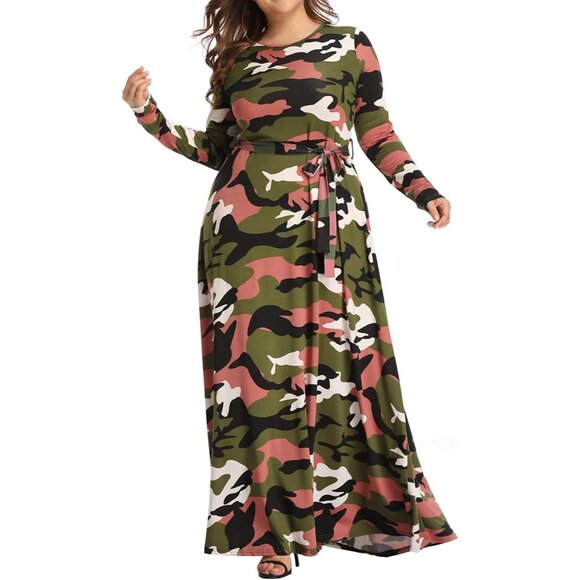 Plus Size Camouflage Maxi Dress Long Sleeve Floor Length Party Casual - Picture 3 of 9